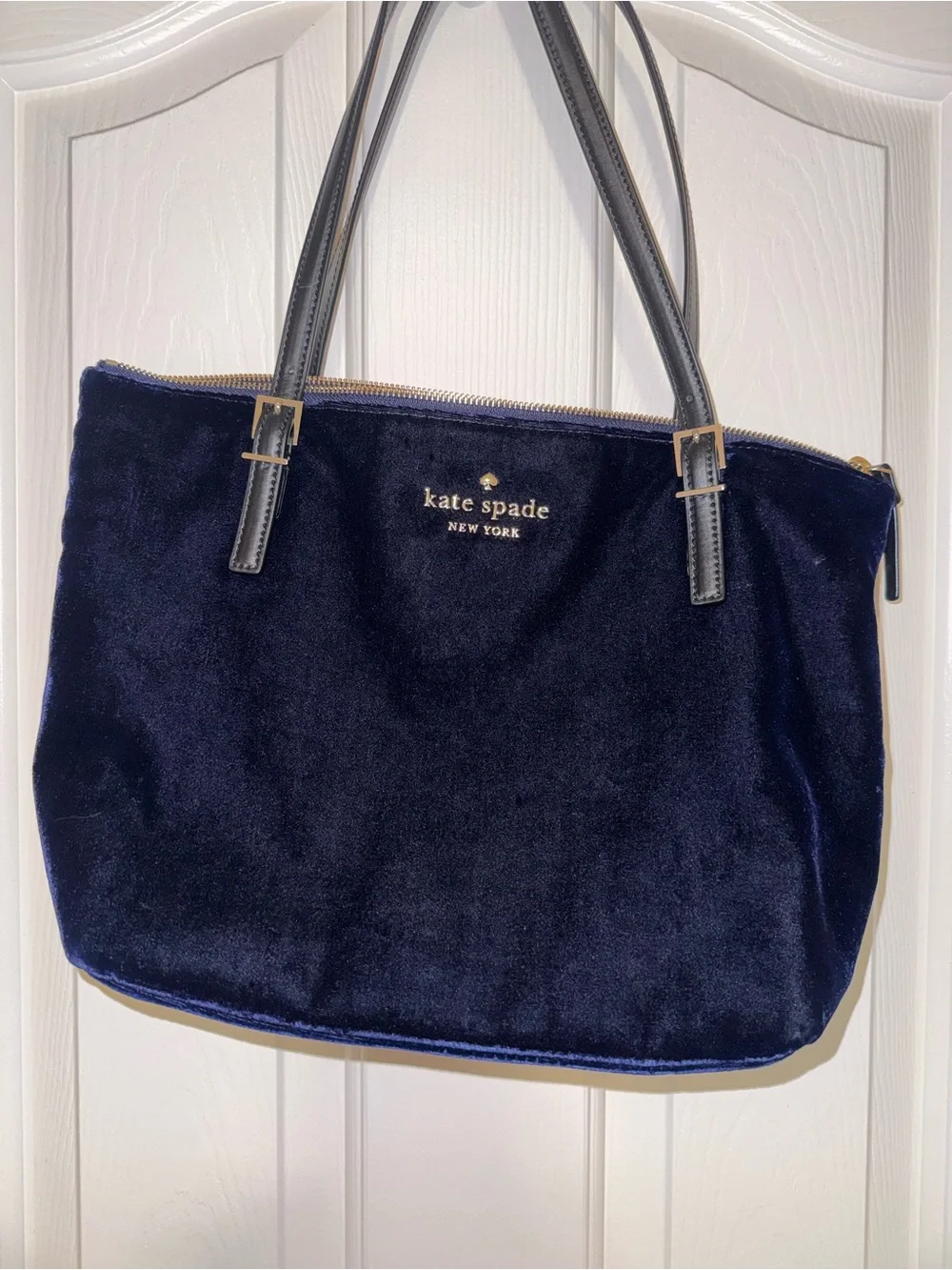 Kate Spade Velvet Navy Tote with Leather Handles